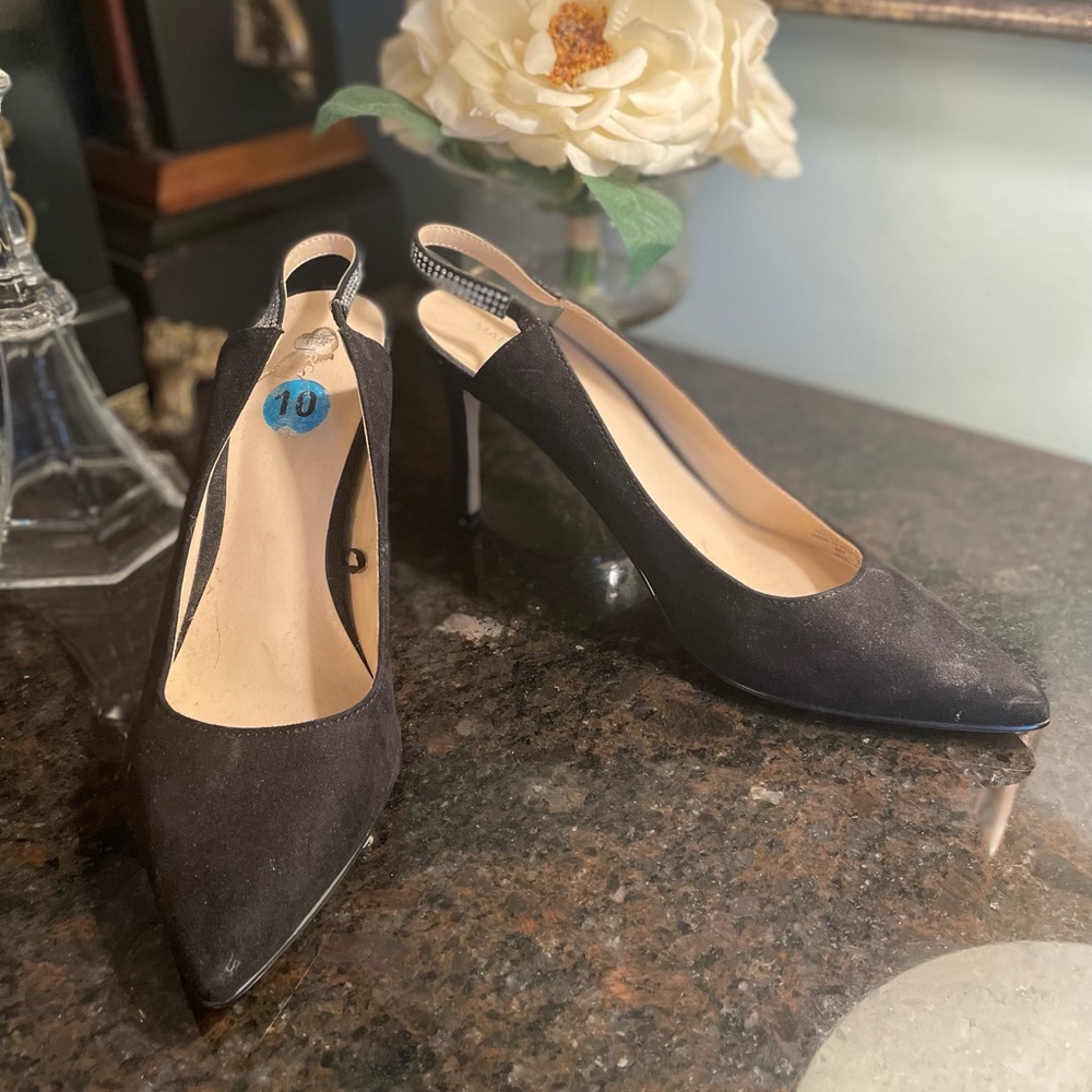 Marc Fisher Black Pointed Toe Slingback w/Crystal Rhinestones Heels Size: 10